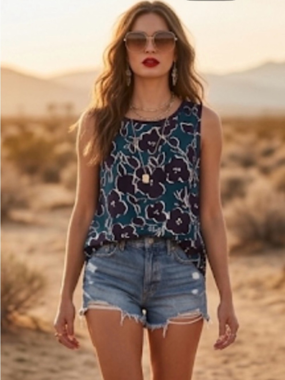 CAbi Warhol Teal Purple Floral Print Tank Blouse Top XS Office Preppy Boho